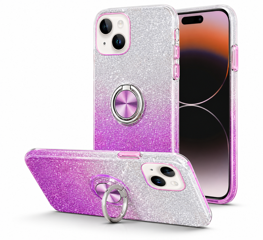 3-in-1 Glitter Ring Case for Apple iPhone 15 - Purple/Silver
