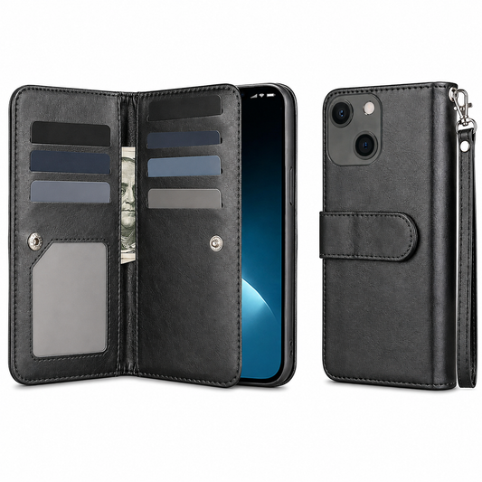 Bifold 9 Card Wallet Case for Apple iPhone 15 - Black