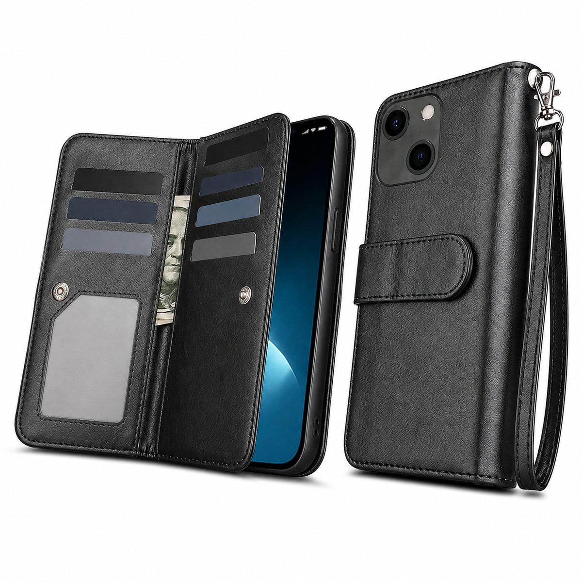 Bifold 9 Card Wallet Case for Apple iPhone 14 - Black