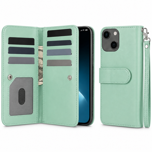 Bifold 9 Card Wallet Case for Apple iPhone 15 - Teal