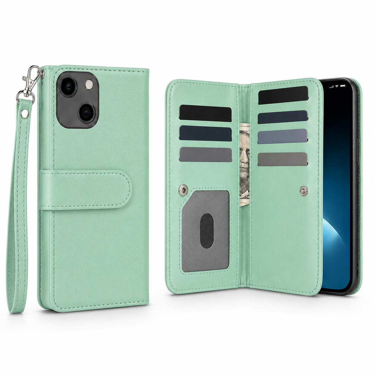 Bifold 9 Card Wallet Case for Apple iPhone 14 - Teal