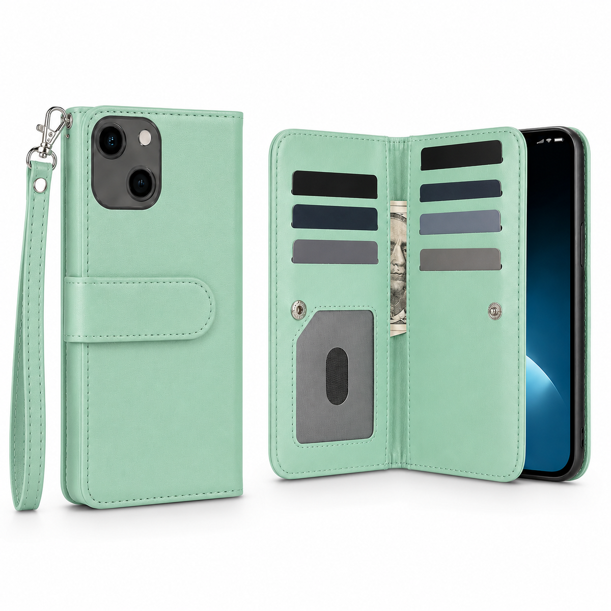 Bifold 9 Card Wallet Case for Apple iPhone 13 - Teal, everyday phone cover with card slot