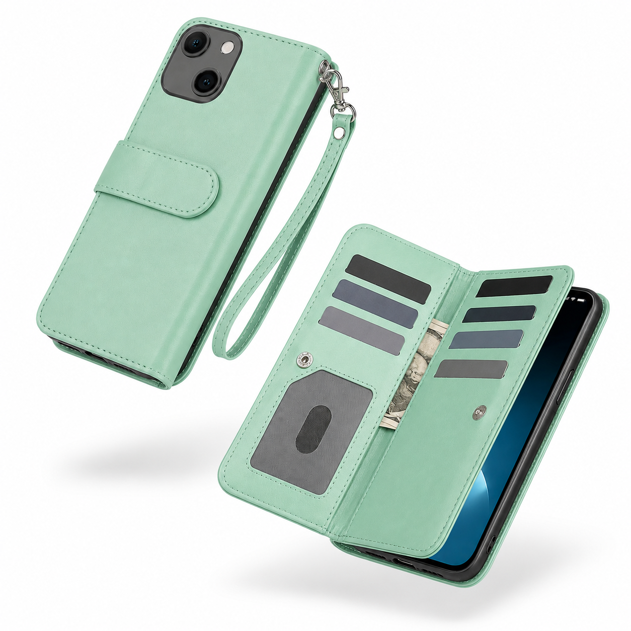Bifold 9 Card Wallet Case for Apple iPhone 13 - Teal