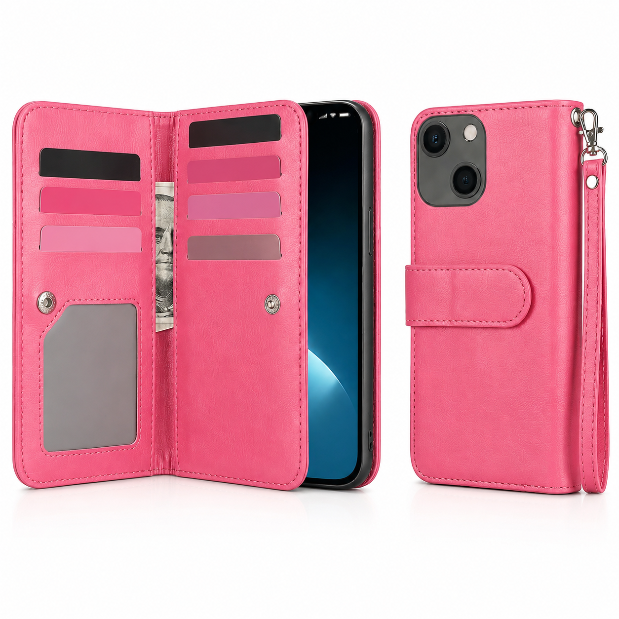 Bifold 9 Card Wallet Case for Apple iPhone 13 - Hot Pink