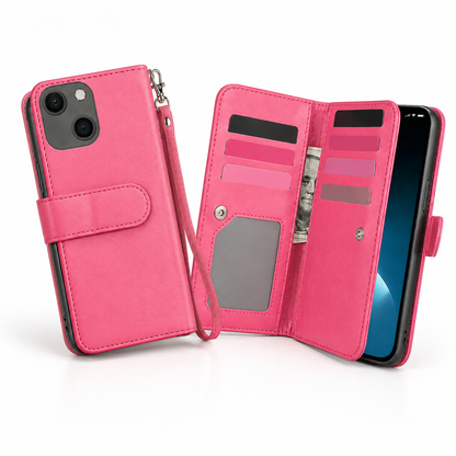 Bifold 9 Card Wallet Case for Apple iPhone 14 - Hot Pink