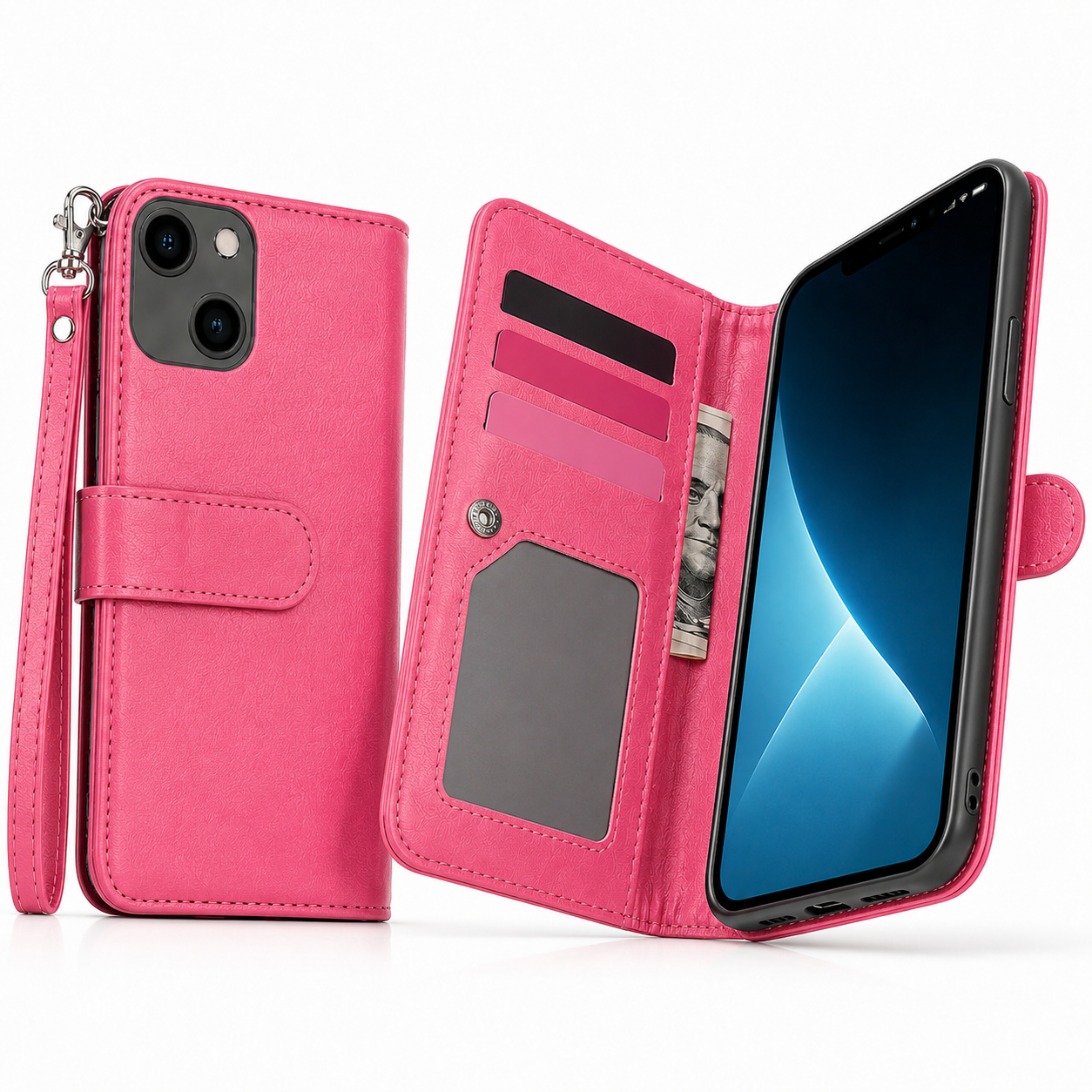 Bifold 9 Card Wallet Case for Apple iPhone 14 - Hot Pink
