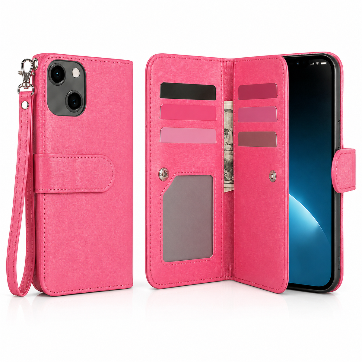 Bifold 9 Card Wallet Case for Apple iPhone 13 - Hot Pink