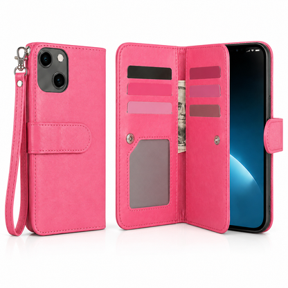 Bifold 9 Card Wallet Case for Apple iPhone 13 - Hot Pink