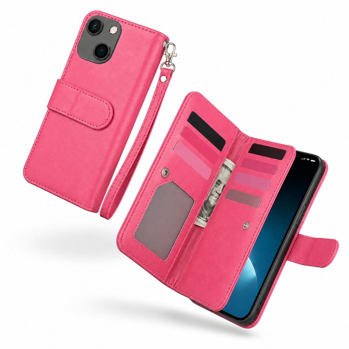 Bifold 9 Card Wallet Case for Apple iPhone 13 - Hot Pink