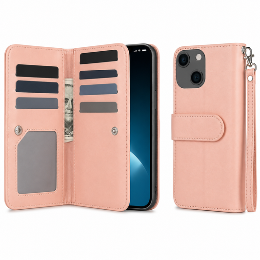 Bifold 9 Card Wallet Case for Apple iPhone 15 - Rose Gold