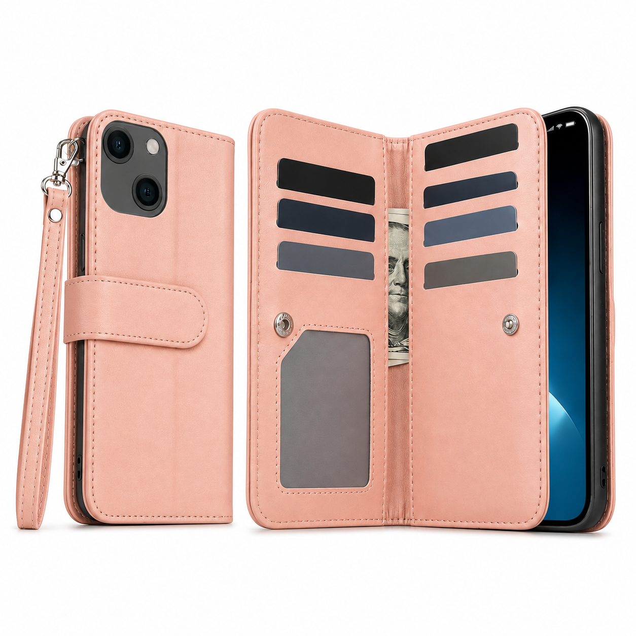 Bifold 9 Card Wallet Case for Apple iPhone 14 - Rose Gold