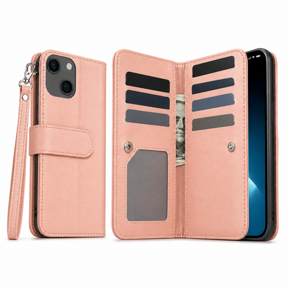 Bifold 9 Card Wallet Case for Apple iPhone 14 - Rose Gold