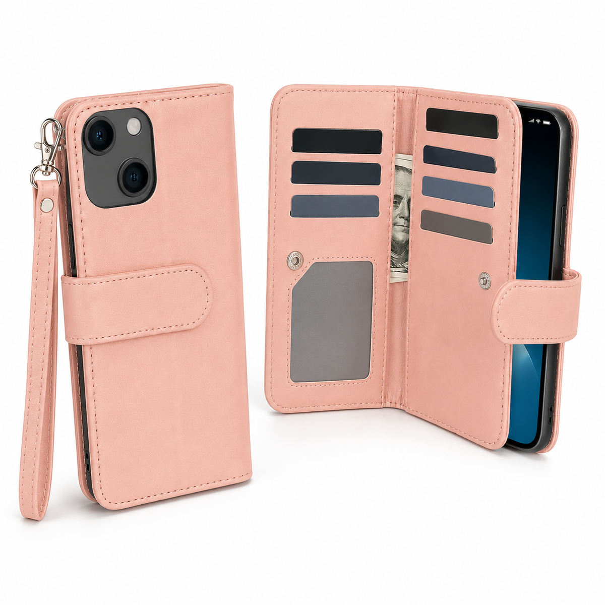 Bifold 9 Card Wallet Case for Apple iPhone 13 - Rose Gold