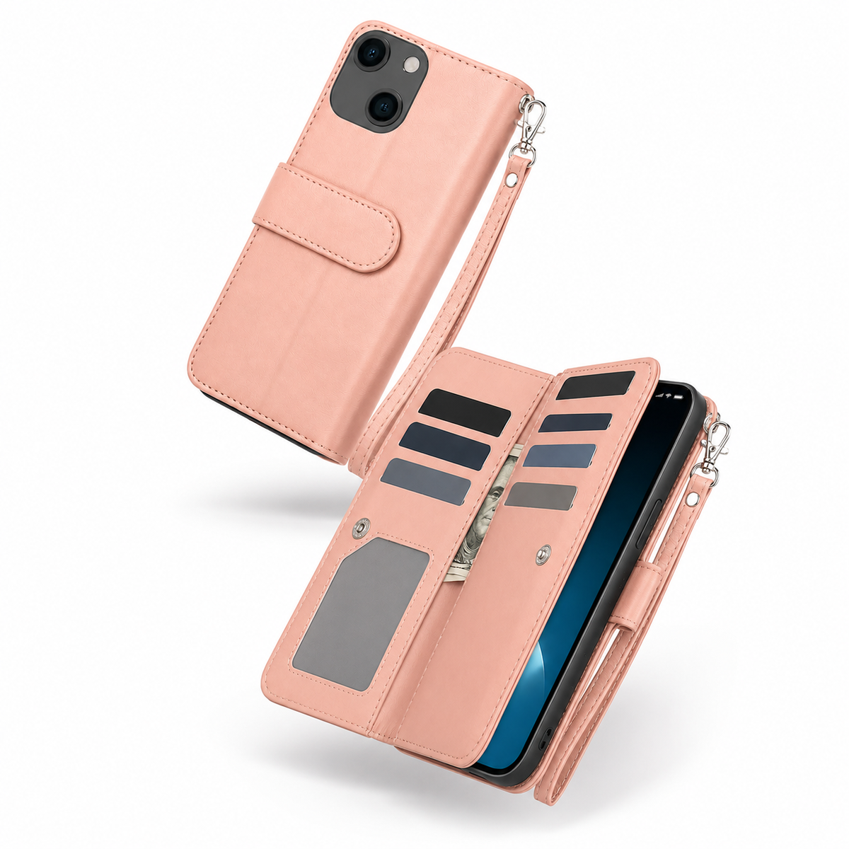 Bifold 9 Card Wallet Case for Apple iPhone 14 - Rose Gold
