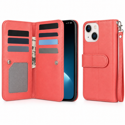 Bifold 9 Card Wallet Case for Apple iPhone 15 - Red