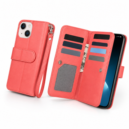 Bifold 9 Card Wallet Case for Apple iPhone 13 - Red