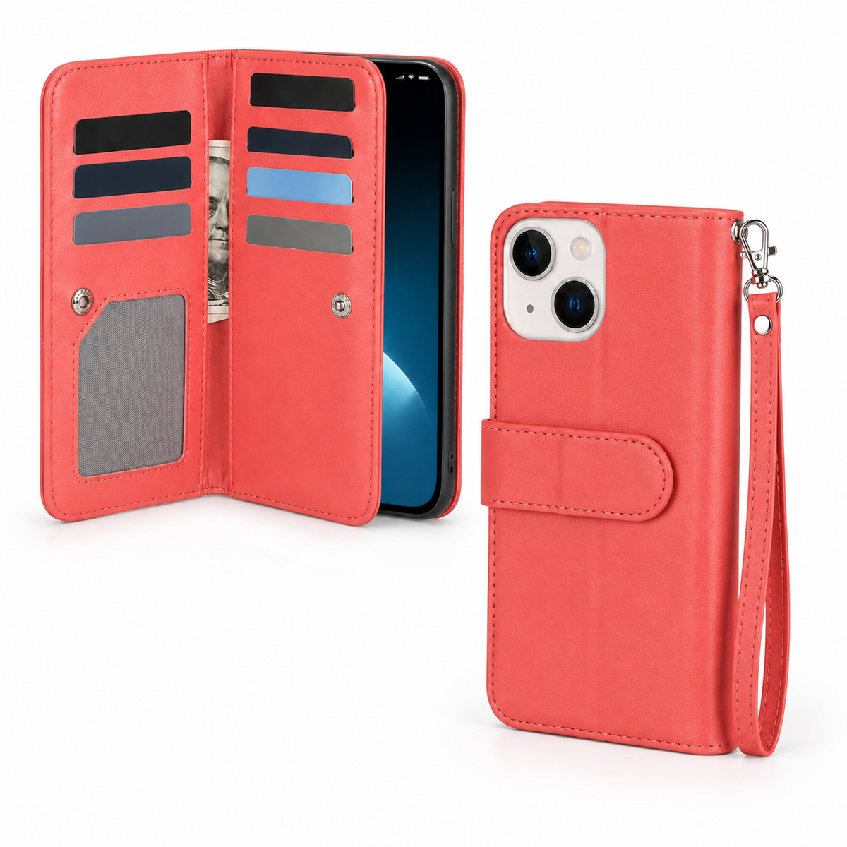 Bifold 9 Card Wallet Case for Apple iPhone 13 - Red