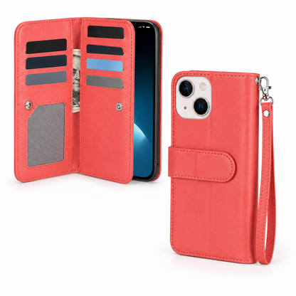 Bifold 9 Card Wallet Case for Apple iPhone 13 - Red