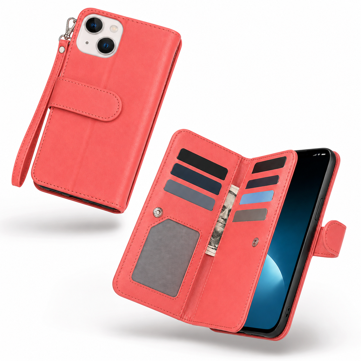 Bifold 9 Card Wallet Case for Apple iPhone 13 - Red