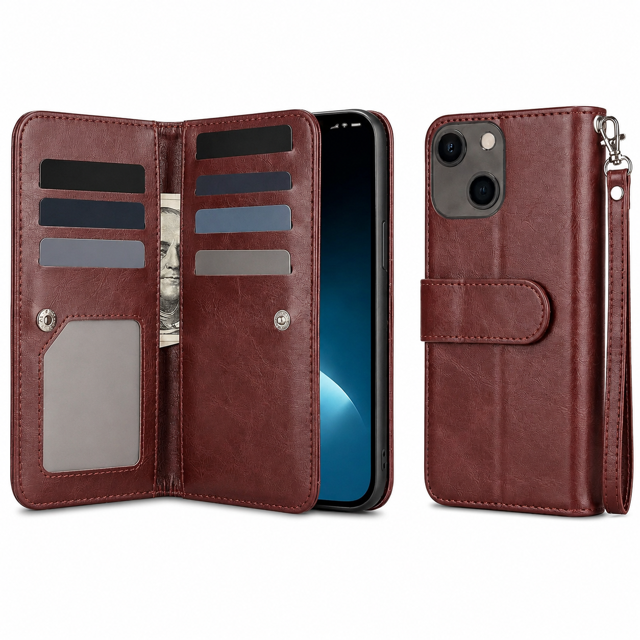 Bifold 9 Card Wallet Case for Apple iPhone 13 - Brown