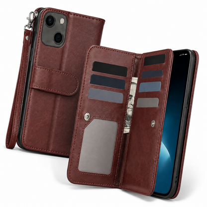 Bifold 9 Card Wallet Case for Apple iPhone 14 - Brown