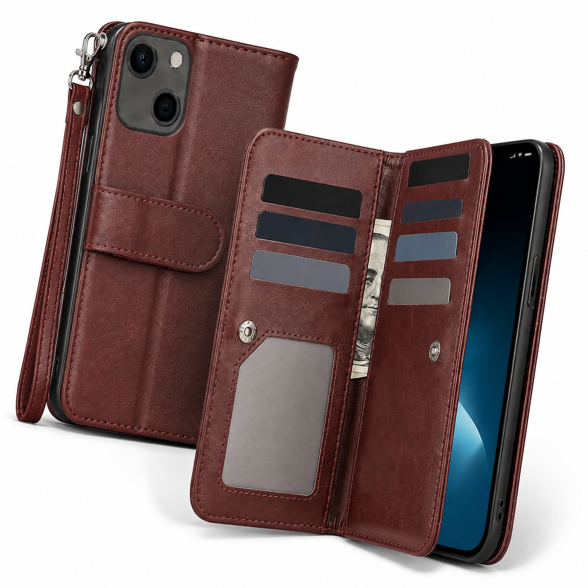 Bifold 9 Card Wallet Case for Apple iPhone 14 - Wine