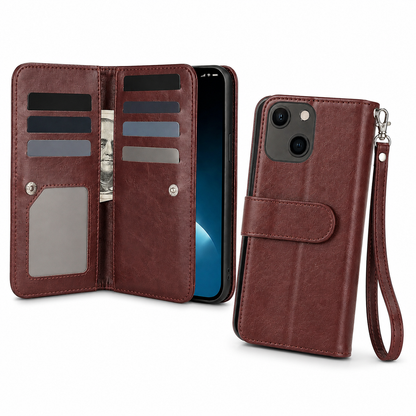 Bifold 9 Card Wallet Case for Apple iPhone 14 - Brown