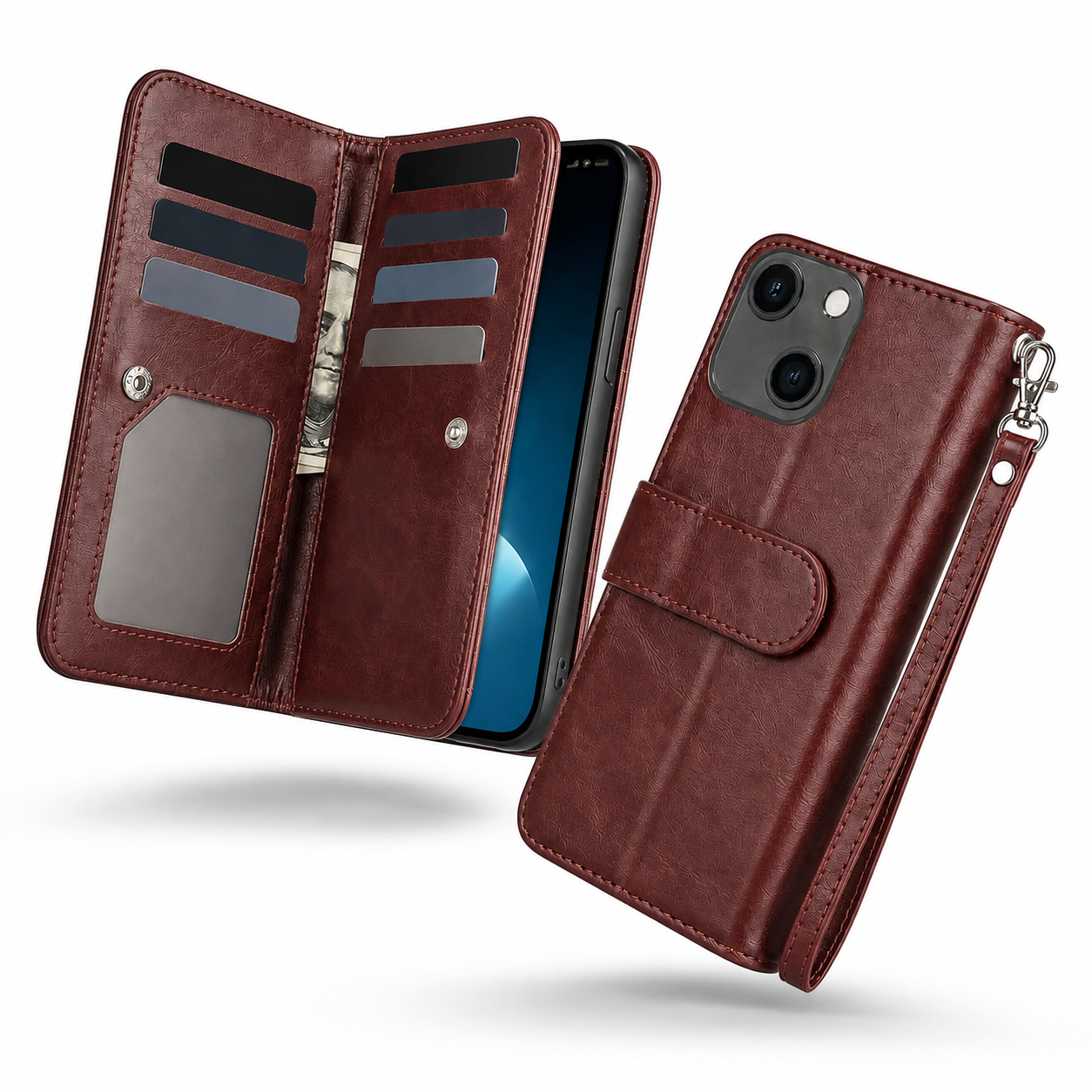 Bifold 9 Card Wallet Case for Apple iPhone 13 - Brown