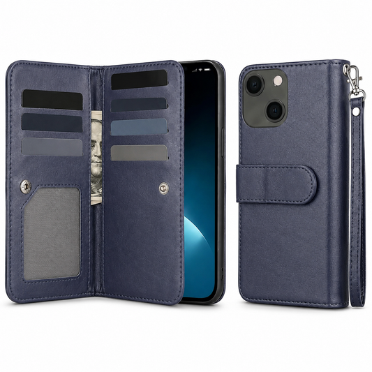 Bifold 9 Card Wallet Case for Apple iPhone 15 - Navy