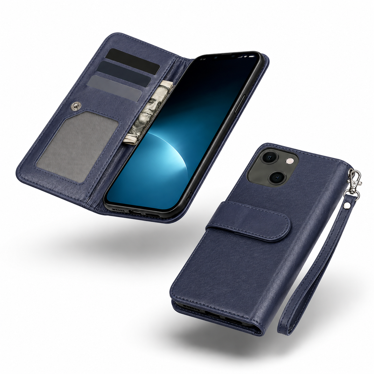 Bifold 9 Card Wallet Case for Apple iPhone 13 - Navy