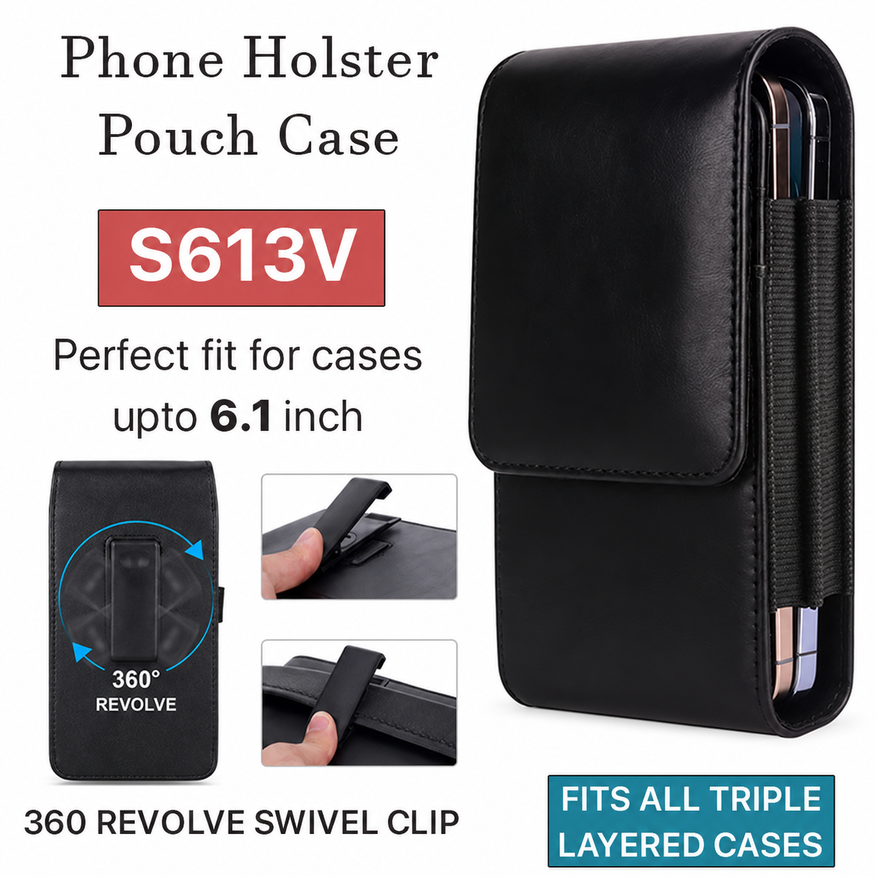 Black Belt Pouch Vertical w/ Swivel Clip S613V for Apple iPhone 15