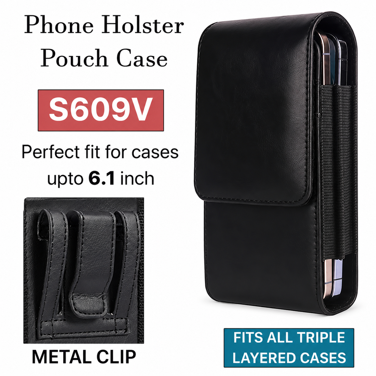 Black Belt Pouch Vertical w/ Metal Clip S609V for Apple iPhone 15