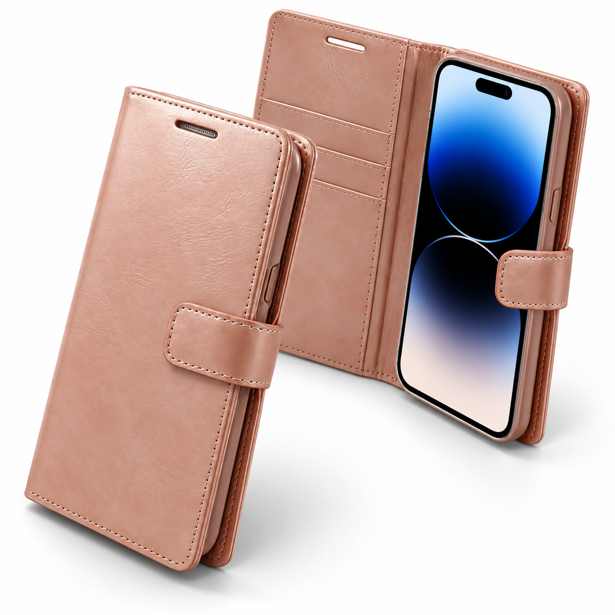BlueMoon Leather Wallet Case for Apple iPhone 15 - Rose Gold