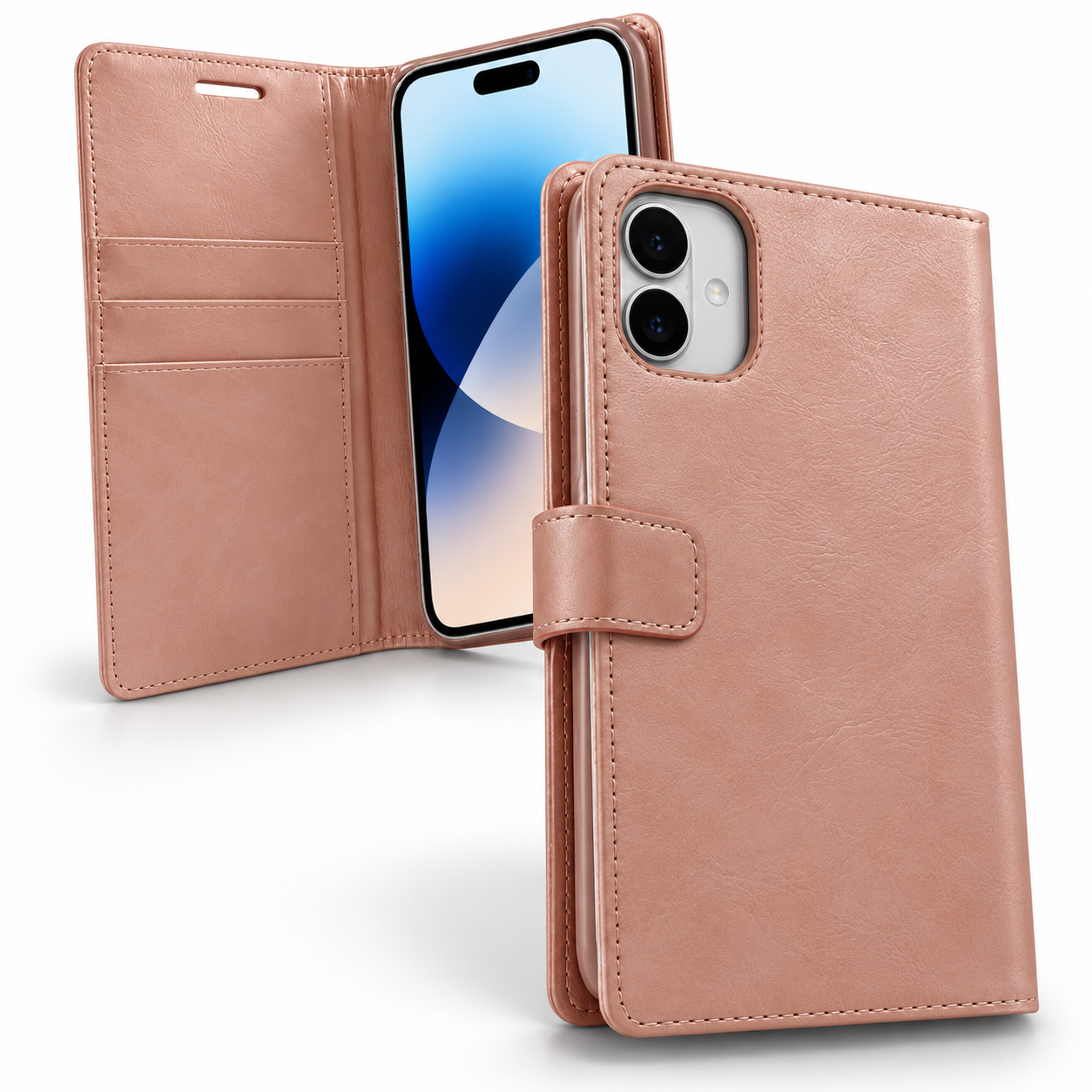 BlueMoon Leather Wallet Case for Apple iPhone 15 - Rose Gold