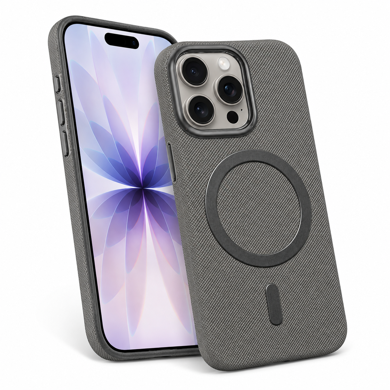 Grey iPhone 16 Pro Max case Canada with premium fabric MagSafe protection
