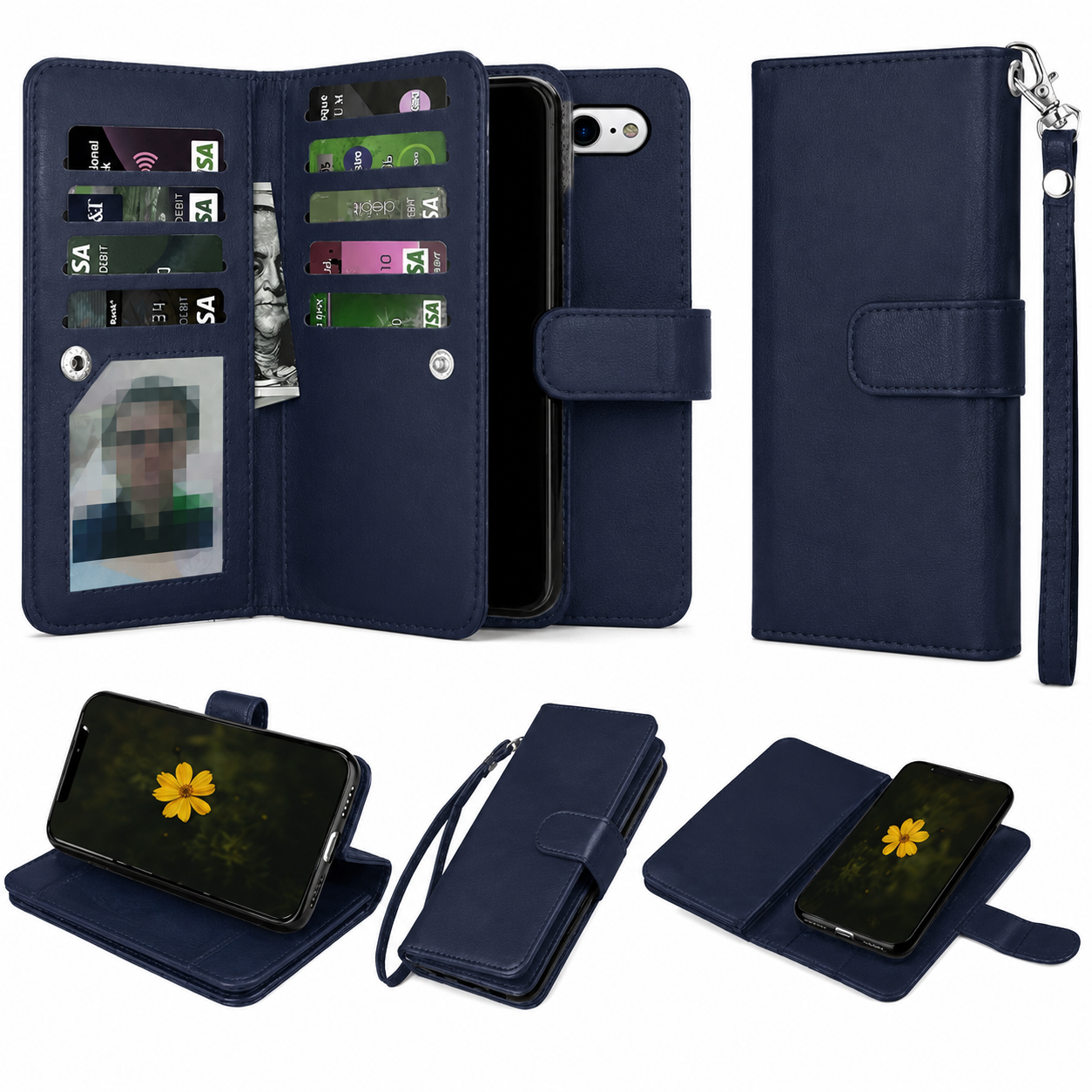 Navy Bifold 9-Card Detachable Wallet Case for Apple iPhone 17e and 16e
