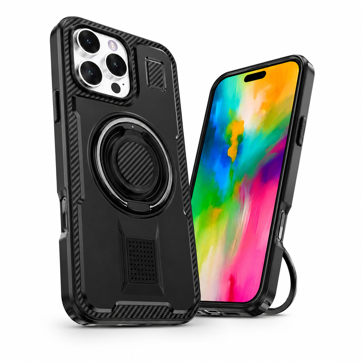Black phone case with ring holder stand for iPhone 16 Pro Max

