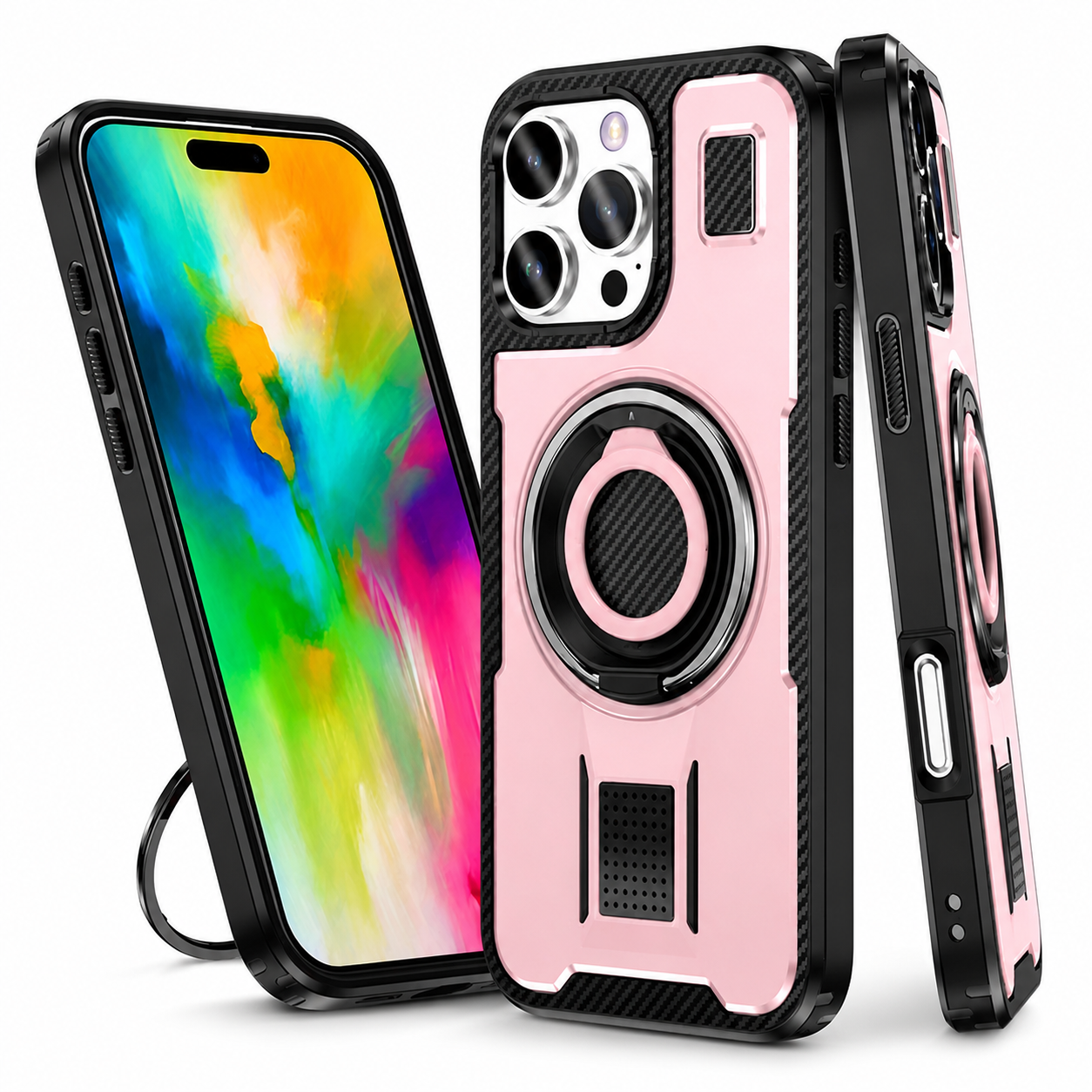 Pink Ring Grip and Stand for Apple iPhone 16 Pro Max back view
