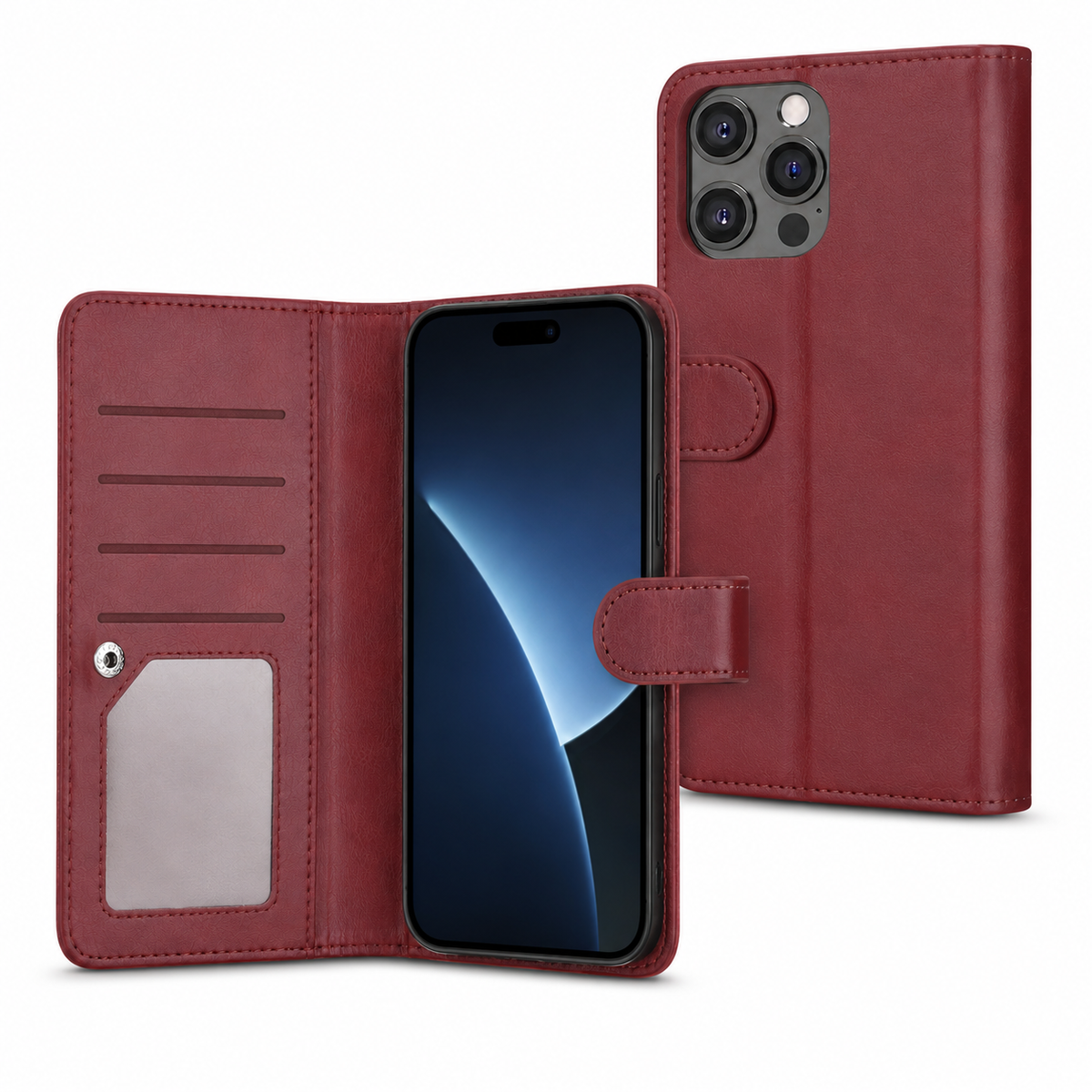 Bifold 9 Card detachable wallet for Apple iPhone 14 Pro - Wine - close-up design view