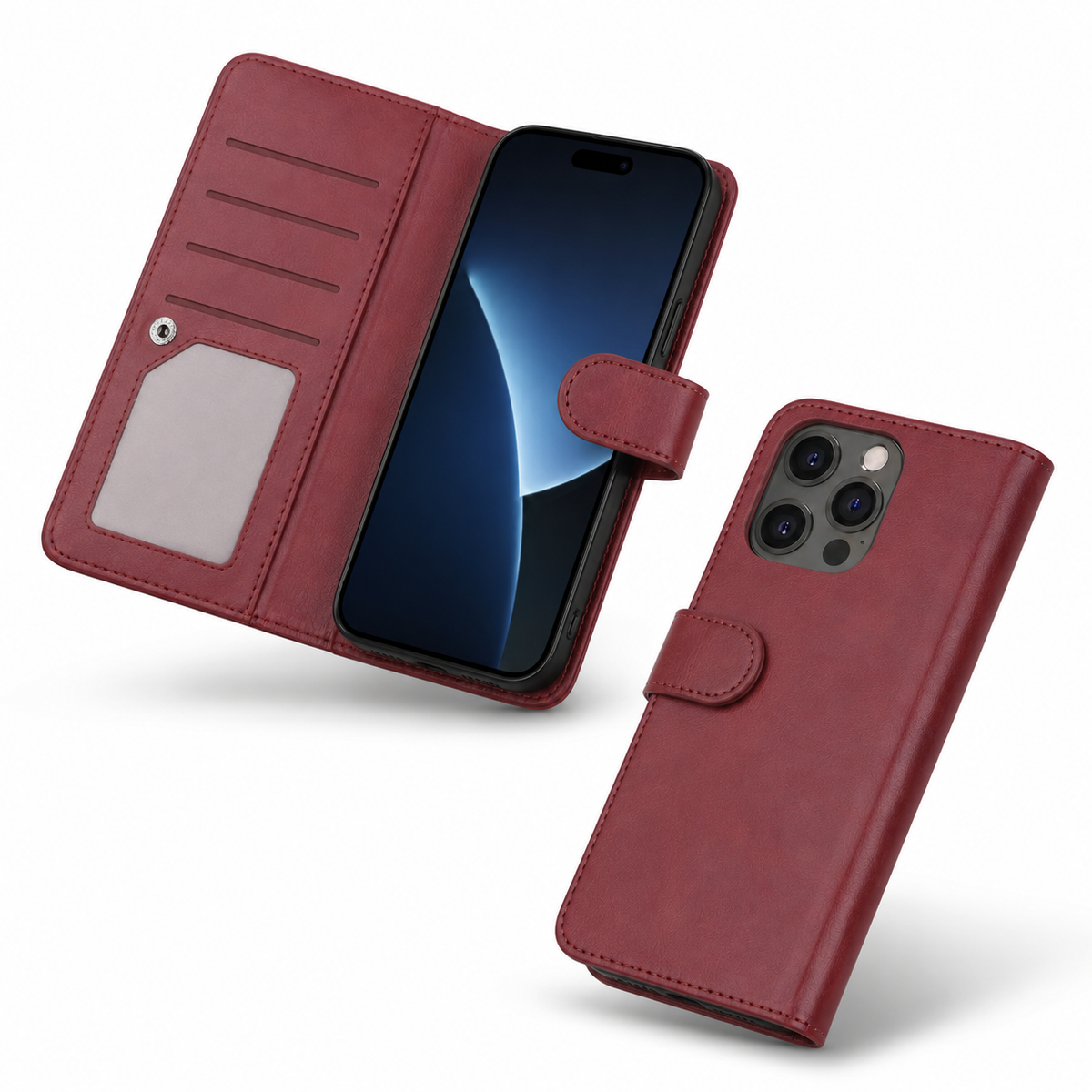 Bifold 9 Card detachable wallet for Apple iPhone 14 Pro - Wine - side profile product view