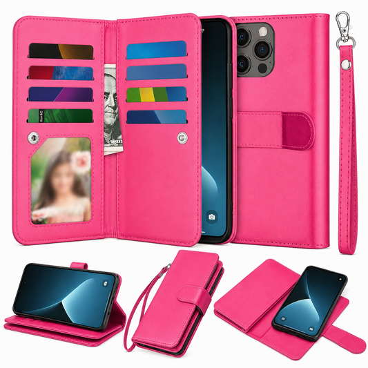 Bifold 9 Card detachable wallet for Apple iPhone 16 Pro - Hot Pink - main product view