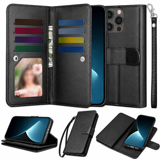 Bifold 9 Card detachable wallet for Apple iPhone 15 Pro - Black - main product view