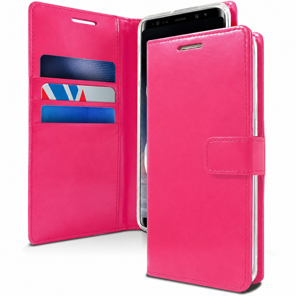 Hot Pink Goospery wallet cover with card slots and stand function