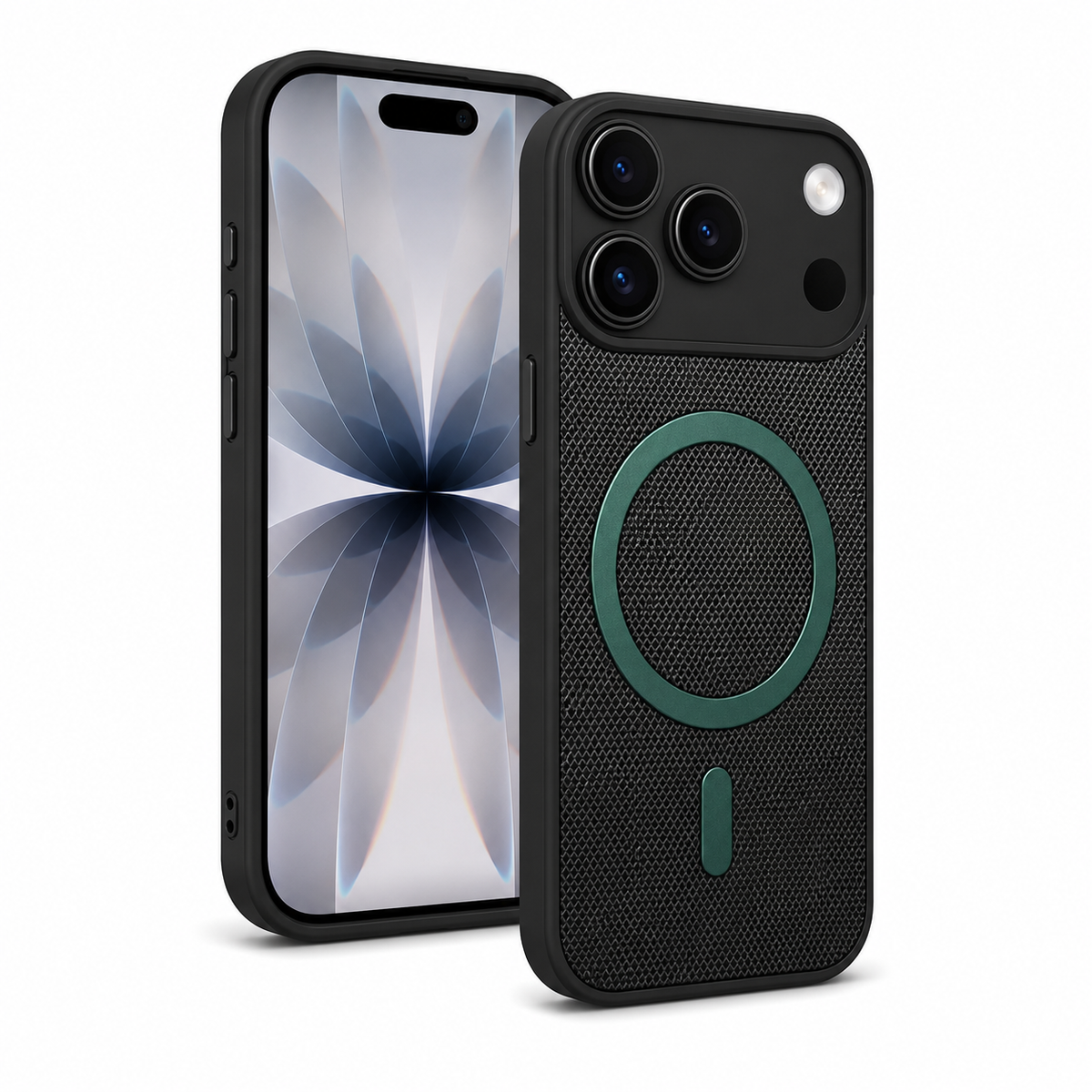 Green woven texture iPhone 18 Pro Max cover, anti-slip mobile case, durable smartphone protection