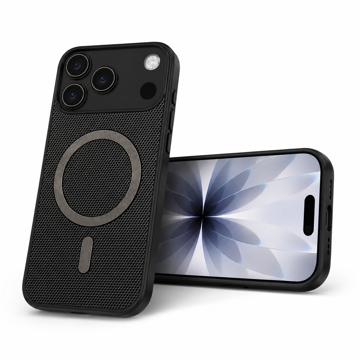 Textured black smartphone case, anti-slip protective phone cover, impact-resistant mobile case