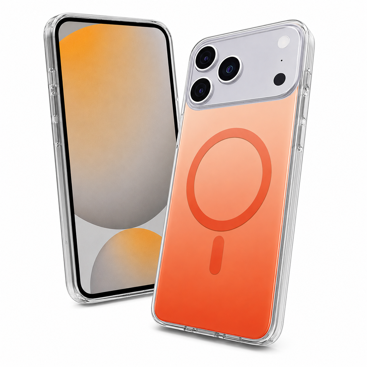 iPhone 17 Pro orange gradient MagSafe case, transparent smartphone cover, premium mobile case