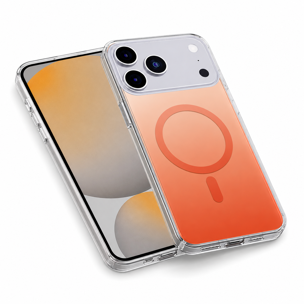 Clear MagSafe phone case for iPhone 17 Pro, shockproof protective cover, orange gradient design