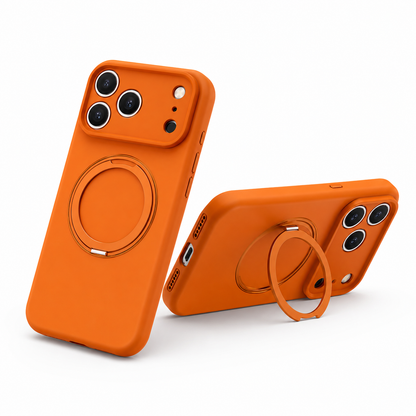 iPhone 17 Pro Max Orange MagSafe case with ring stand, shockproof silicone mobile cover