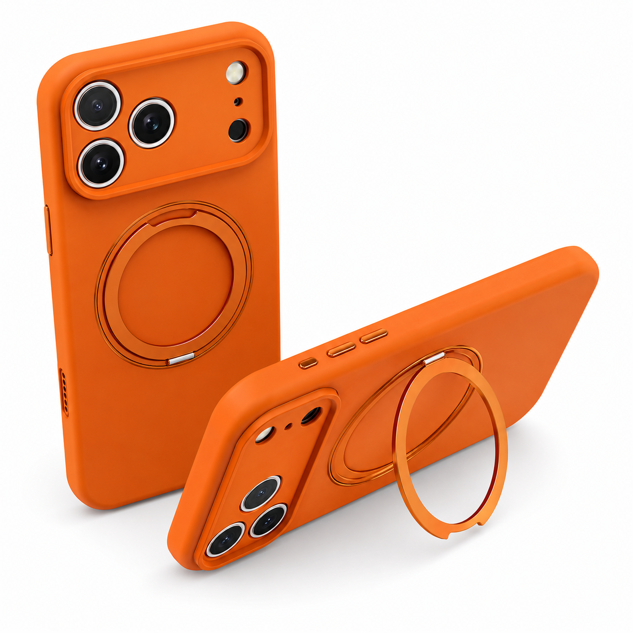 Premium Orange silicone phone case Apple iPhone 17 Pro, magnetic ring stand cover