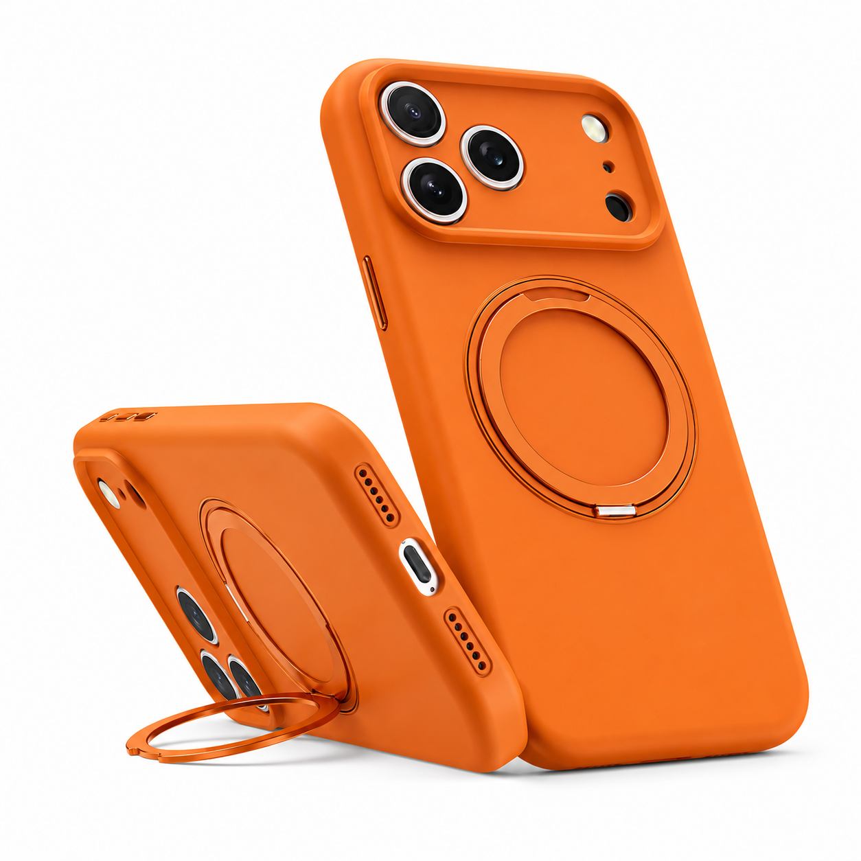 Orange kickstand phone case Apple iPhone 17 Pro, durable shockproof MagSafe mobile cover